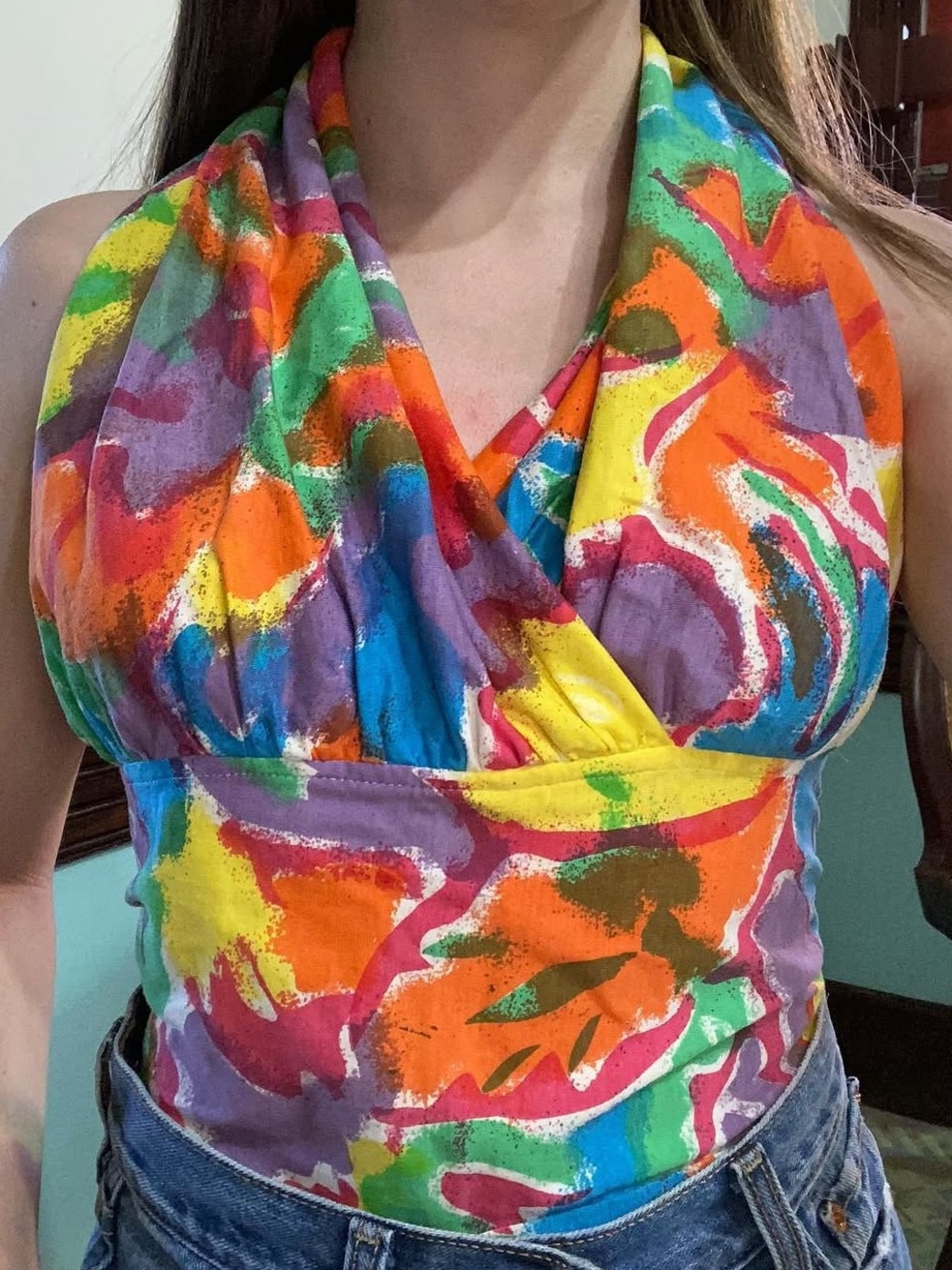 Vintage Mamy Blue Rio Colorful Abstract Halter Top - Multicolor